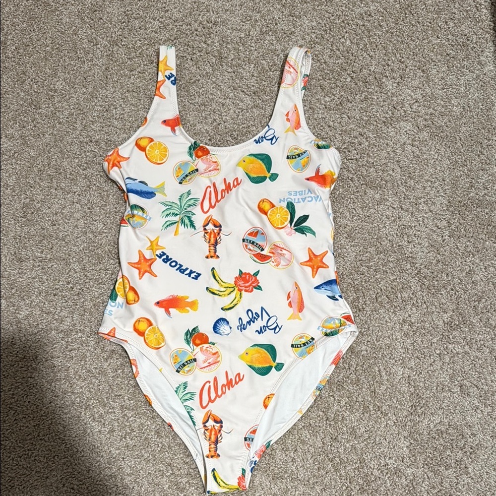 Old Navy White and Orange Tropical One Piece Swimsuit
